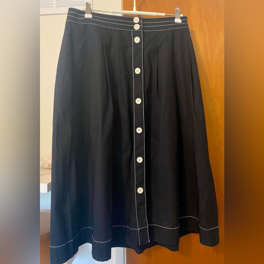 Talbots Black Midi Poplin Skirt with White Buttons